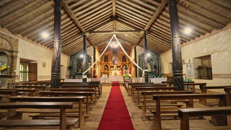 Ultra-wide-shot-of-Interior-of-the-Jesuit-Mission-church-in-San-Ignacio-de-Velasco,-Bolivia