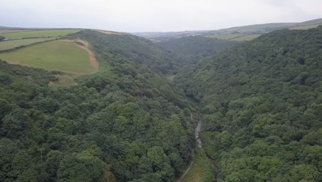 Aerial:-Dense-forest-in-narrow-river-valley-below-cultivated-farmland