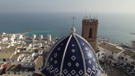 Aerial-Over-Blue-Dome-Of-Church-of-Our-Lady-of-Consolation,-Altea-In-Spain