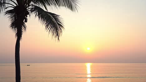 Palmensilhouette-An-Einem-Strand-Bei-Rosafarbenem-Sonnenuntergang-über-Dem-Meer-Mit-Einem-Fischerboot