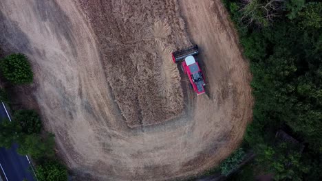 red-thresher-harvesting-wheat-in-a-little-field,-aerial-top-down-view