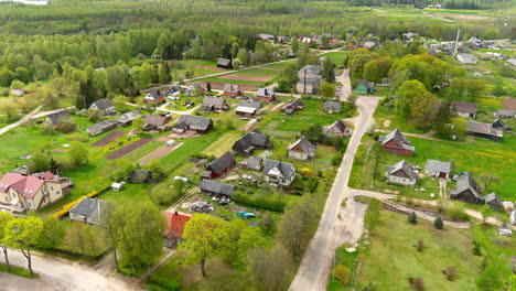 Aerial-View-of-Homes-in-Village,-Countryside-of-Lithuania