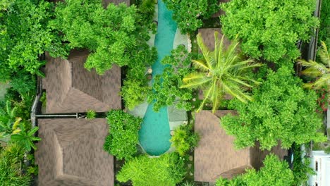 aerial-top-down-circling-a-tropical-pool-villas-with-coconut-tree-leaves-waving-in-the-wind