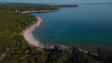 Scenic-Croatia-Istria-coast-with-clear-blue-and-turquoise-seaside-water-at-a-natural-beach-coast-bay-in-forest-and-pine-trees