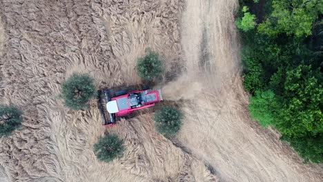 Top-View-Red-Harvester-Gathers-The-Wheat-among-the-olive-trees