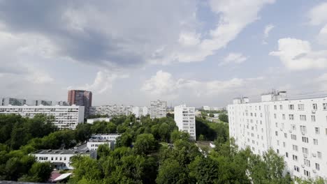 Establishing-shot-of-residential-housing-apartments-in-old-soviet-buildings-in-Moscow,-Russia---Sleeping-district-in-the-north-of-the-capital-near-Babushkinskaya-in-summer-2022---Wide-shot