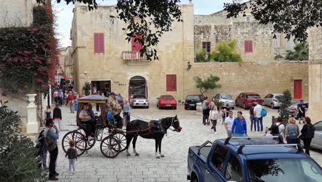 Historischer-Stadtplatz-Pjazza-Tas-Sur-In-Der-Stadt-Mdina-Auf-Malta-Mit-Einem-Karren-Und-Einem-Pferd