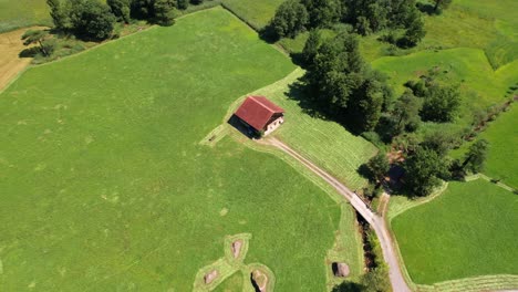 Luftaufnahme-Der-Schweizer-Natur-Auf-Bauernhof-Und-Feldern