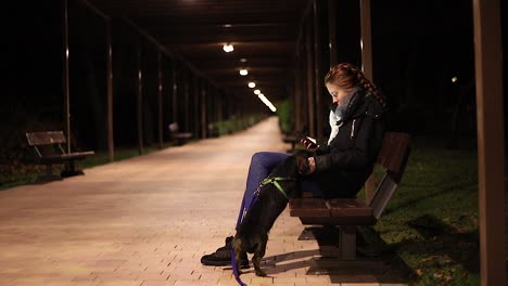 young-woman-with-is-happy-dog-looking-their-smart-phone-at-night-in-a-park