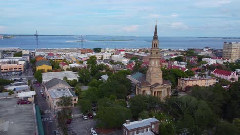 An-Orbiting-Drone-Shot-of-the-Charleston-skyline-with-St