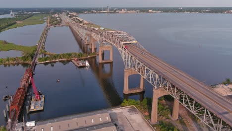 Aerial-of-cars-traveling-over-the-Calcasieu-River-Bridge-in-Lake-Charles,-Louisiana