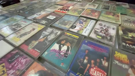 Neatly-arranged,-old-audio-cassettes-covered-with-old-songs-from-Indonesian-and-foreign-bands