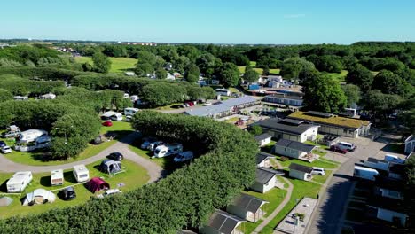 Flying-Over-Scenic-Campsites-In-First-Camp-Sibbarp-Malmo-In-Limhamn,-Sweden