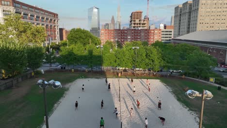 Aerial-view-of-people-playing-volleyball-on-UPenn-campus-in-Philadelphia