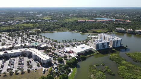 distant-aerial-of-Lakewood-Ranch-Mainstreet-Aerial,-busy-parking-lot,-Bradenton,-Florida