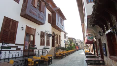 Outdoor-cafe-and-bars,-picturesque-streets-of-Antalya,-Turkey