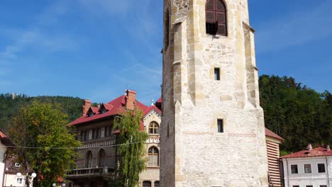 Tilt-up-shot-of-Stephen-tower-in-Piatra-Neamt,-Romania