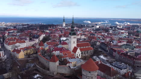 Panoramic-view-of-Tallinn-old-town,-Gulf-of-Finland-in-background
