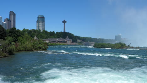 Niagara-Falls---Niagara-River-Overlooking-Skylon-Tower-And-Fallsview-Casino-Resort-In-Ontario,-Canada