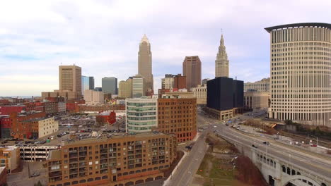 Rising-drone-shot-of-downtown-Cleveland-Ohio