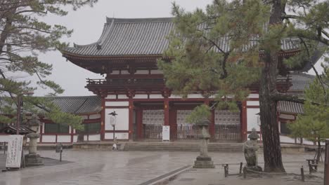 Lone-person-with-Umbrella-walking-past-Todaiji-Temple,-Nara,-in-Rainy-Weather