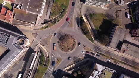 Aerial-shot,-top-down-of-a-roundabout-in-Canterbury,-Kent