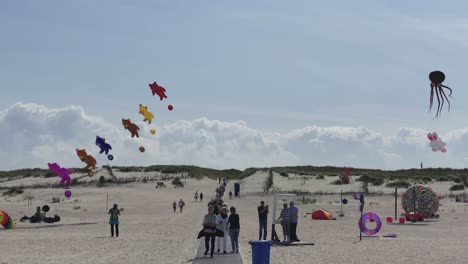 Ungewöhnlich-Große-Drachen-Und-Ballons-Mit-Tieren-Und-Teddybären,-Die-Am-Strand-Von-Norderney,-Deutschland,-Fliegen