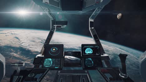 Blick-Aus-Dem-Cockpit-Eines-Raumschiffs---Im-Orbit-Des-Planeten-Erde