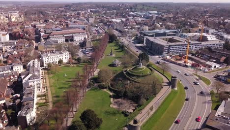 Aerial-shot-of-the-Dane-John-Gardens-in-Canterbury,-Kent