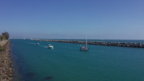 Boats-are-sailing-on-a-Beautiful-Summer-Day-at-Dana-Point-Marina-USA---Flyover