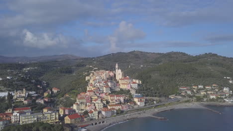 Cervo-aerial-view-medieval-old-city-town-in-Imperia,-Liguria,-Italy-and-baroque-church