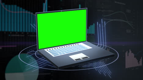 Green-Screen-Platzhalter-Auf-Animiertem-Laptop---Notebook-Symbol-Vor-Technischem-Hintergrund-Mit-Grafiken,-Diagrammen-Und-Geschäftsfinanzdaten
