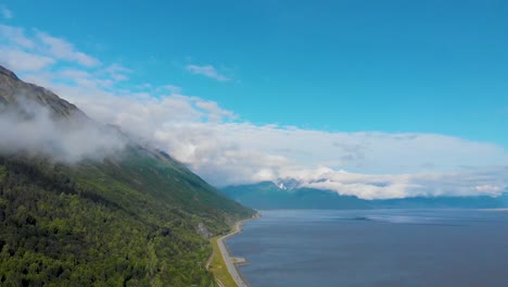 4K-Drone-Video-of-Mountains-and-Shoreline-of-Turnagain-Arm-Near-Whittier,-Alaska-in-Summer