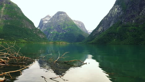 Tree-Woods-Submerged-In-Calm-Lake-Of-Lovatnet-In-Loen,-Stryn,-Norway-With-Rocky-Mountains-In-Background