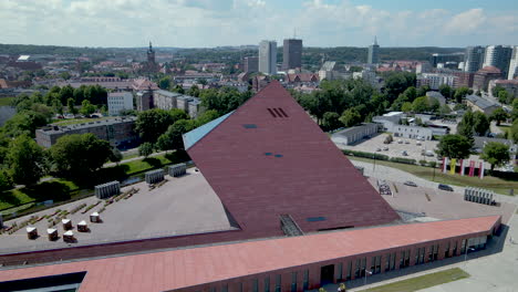 Gdansk-Museum-of-Second-World-War-and-city-panorama-on-background-on-a-summer-day---Aerial-sliding