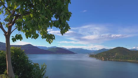 Beautiful-panoramic-view-of-Maggiore-lake-and-Alps-mountain-range-in-background,-Italy
