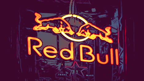 Leuchtendes-Und-Flackerndes-Red-Bull-Neonschild,-Dunkler-Motion-Grafik-3D-Hintergrund,-Energy-Drink-Markenlogo,-Produktillustration,-Comic-Loop-Hintergrund