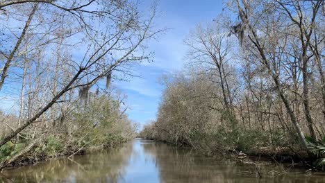Navigating-the-Bayou-in-Louisiana-on-a-pontoon-boat,-going-through-a-very-calm-river-area-in-between-almost-symmetrical-trees