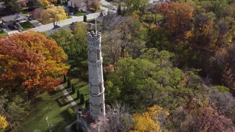 Drone-rotate-around-battlefield-house-monument-in-Hamilton-Ontario-Canada,-aerial-close-up-of-the-main-stone-tower-in-the-park