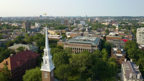 Vista-Aérea-De-La-Biblioteca-De-Harvard,-El-Jardín-De-Harvard-Y-La-Iglesia-Conmemorativa-En-Cambridge,-Ma