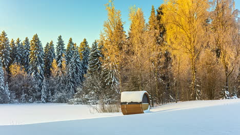 Golden-hour-sunlight-illuminates-edge-of-forest-in-winter-with-tiny-barrel-sauna,-timelapse