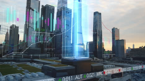 Stock-market-charts-and-financial-data-on-New-York-city-background---3d-VFX-render