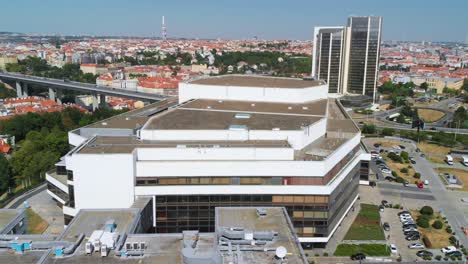 Prague-Congress-Centre-building,-aerial-drone-view,-flight-towards-this-architecture-design-place