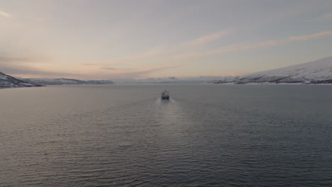 Commercial-Freighter-Exporting-Goods-By-Sea-In-Norwegian-Fjord,-Aerial