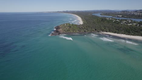 Scenic-Ocean-And-Fingal-Headland-In-New-South-Wales,-Australia---aerial-drone-shot