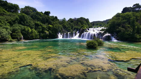 Krka-National-Park-Waterfall-and-Natural-Pool,-Majestic-Landscape-and-Nature-on-Sunny-Summer-Day,-Lookout-Slow-Motion-View