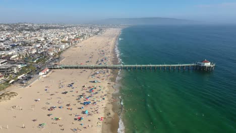 Aerial-Panoramic-View-Over-Manhattan-Beach-Pier-During-Summer-In-California,-United-States