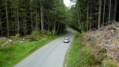 Following-a-Subaru-Crosstrek-from-a-clear-cut-area-to-dense-forest,-aerial-Illustrative-Editorial