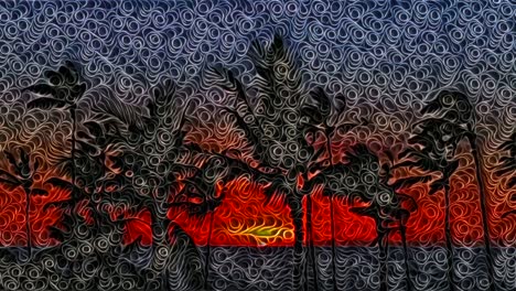 Spiraliform-animation-of-palm-trees-agitated-by-wind-at-sunset