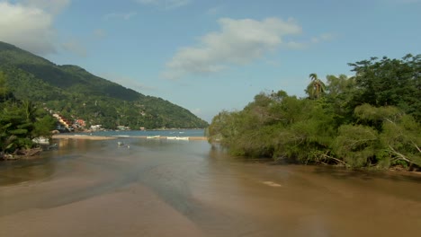 Aerial-View-Of-Tuito-River-And-Beach-In-Yelapa,-Jalisco,-Mexico---drone-shot